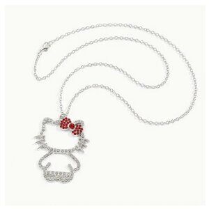Hello Kitty Pendant Necklace With Red Bow & Crystal Accents Silver Tone
